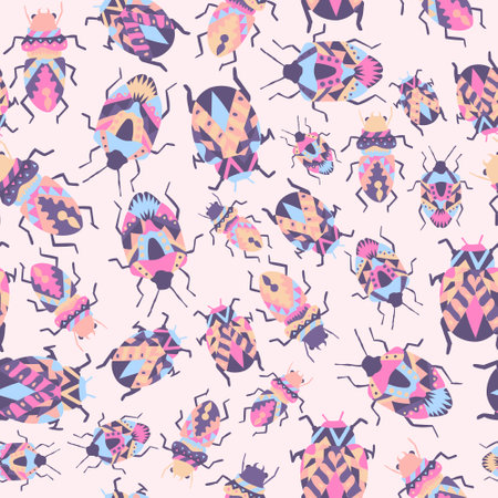 Tribal bugs with decorative lines seamless pattern. Repetitive background with bohemian insects crawling. Soft earth tones and pastels with traditional motifs.のイラスト素材