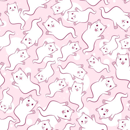 Kawaii seamless pattern with ghost cats for kids and babies. Repetitive background with floating kitties for Halloween. Cute white pets with pink paws.のイラスト素材