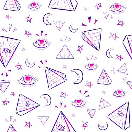 Gradient seamless pattern with occult illuminati symbols. Repetitive occult and conspiracy background with triangles, eyes, moon and stars.のイラスト素材
