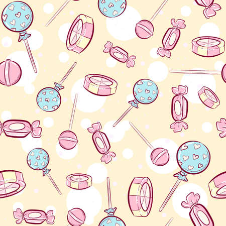 Kawaii pink seamless pattern with candies. Repetitive sweet background with peppermint, hard candies and lollipops. Pastel wallpaper for kids and babies.のイラスト素材