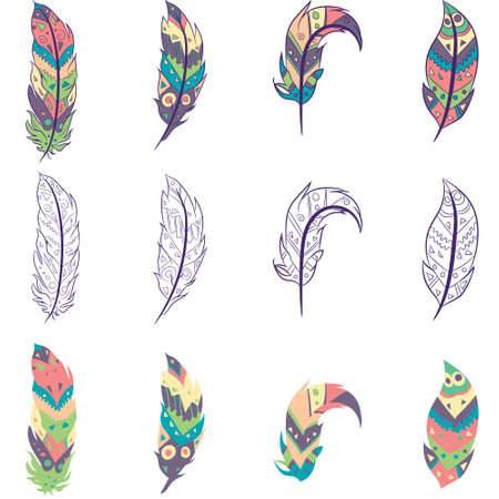 Element pack with isolated colorful feathers and sketches. Collection of hippie bohemian objects with aztec and oriental motifs.のイラスト素材