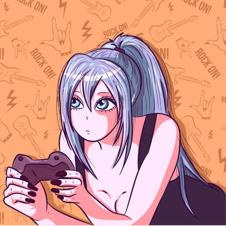 Illustration for Anime girl with long blue hair playing games on a console. Manga doll holding a gamepad. Cartoon character of a modern woman playing and streaming online. - Royalty Free Image