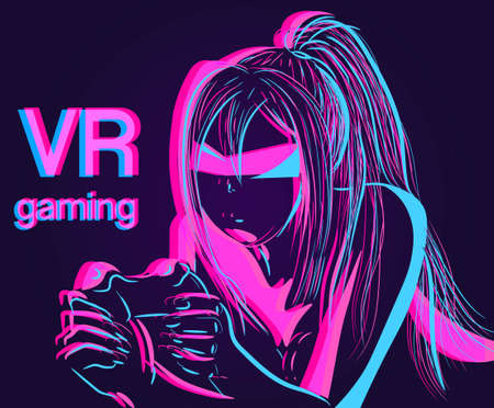 Pink and blue illustration of a gamer girl playing on a console. Neon vector of a virtual reality cyber and futuristic robot with glasses. Artificial Intelligence conceptual art.のイラスト素材