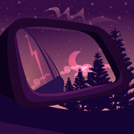 Side view mirror reflection of a dark forest under the night sky. Fantasy landscape with a gradient sunset and tree silhouettes seen from inside the car.のイラスト素材