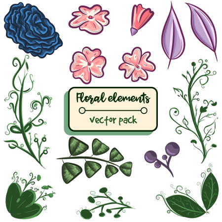 Element pack with floral objects. Vector set with isolated flowers, leaves and branches. Pink and green herbs and plants for spring and summer events.のイラスト素材