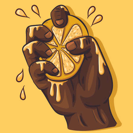 Black man's hand squeezing lime juice from a slice of lemon. Sliced summer and tropical citric. Ripe and fresh food ingredient being drained of pulp.のイラスト素材