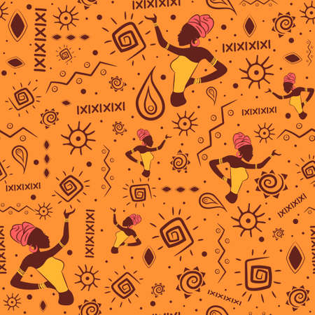 African seamless pattern with aztec and mayan traditional motifs. Repetitive indian and bohemian background for summer with spirals, national ethnic objects and a black woman wearing a turban.のイラスト素材