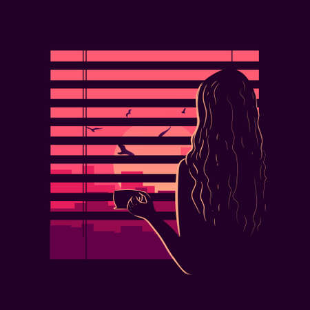 Vector art of a woman in her apartment looking through the window and drinking coffee. Lady silhouette being bored at home and looking at the urban landscape. Afternoon sunset flat illustration.のイラスト素材