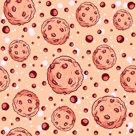 Sweet and delicious seamless pattern with brown chocolate chips biscuits. Repetitive background with baked crunches and pastry elements. Texture vector with cute oatmeal food. Tasty and crispy snackのイラスト素材