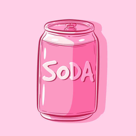 Vector art of a simple kawaii soda metal can. Isolated object of a pink fresh beverage inside an aluminium container.のイラスト素材