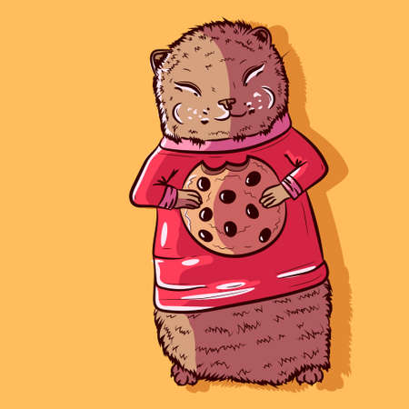 Vector of a cute brown ferret munching on a chocolate chip cookie. Adorable cartoon weasel wearing a red turtleneck sweater and eating a biscuit. Small happy rodent enjoying his food.のイラスト素材