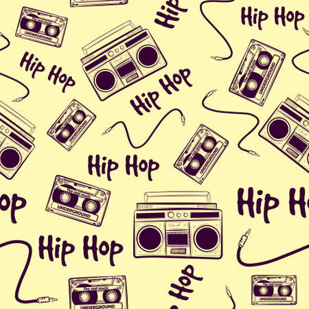 Vintage seamless pattern with old music hip hop elements. Repetitive background with boomboxes, cassettes and cables. Nostalgic retro art from the 90s and 80s with hiphop devices.のイラスト素材