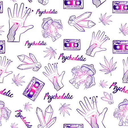 Psychedelic trippy seamless pattern with gradient witchy and occult elements. Witchcraft repetitive background with gemstones, cassettes, mushrooms, weed and the eye of God. Narcotic and hypnotic LSD.の写真素材