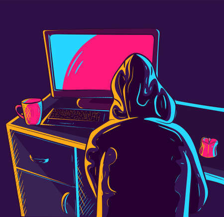 Neon vector art of a man wearing a hoodie and looking at a PC screen. Gamer or worker seen from behind being bored at home and browsing the internet. Hacker with a keyboard and a cup of coffee.のイラスト素材