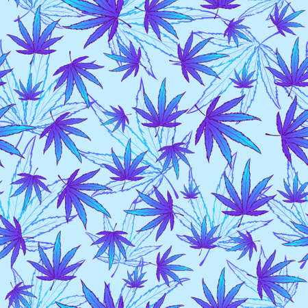 Seamless pattern with blue marijuana leaves. Gradient repeat background with cannabis plants. Psychedelic and trippy vector art with weed texture.の写真素材