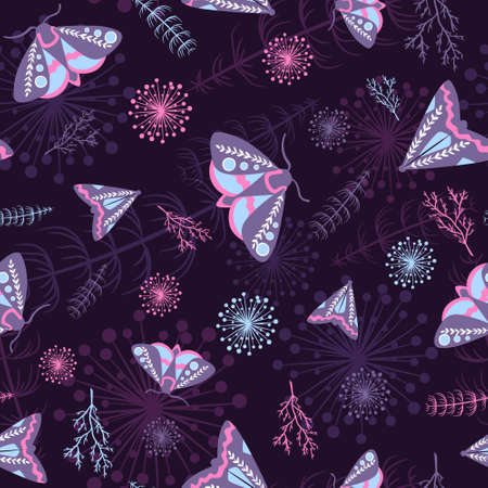 Moths and plants seamless pattern with occult and bohemian theme and pink blue colors. Repeat background with night butterflies and garden life. Boho texture with cosmos galaxy palette.のイラスト素材