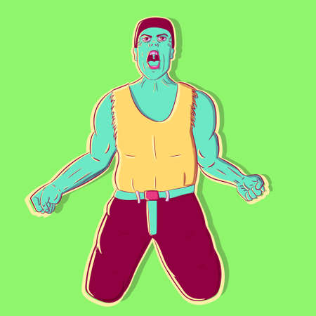 Conceptual art of a screaming man representing the wrath sin from the catholic bible. Muscular irritated and aggressive man shouting and throwing fists out of anger.のイラスト素材
