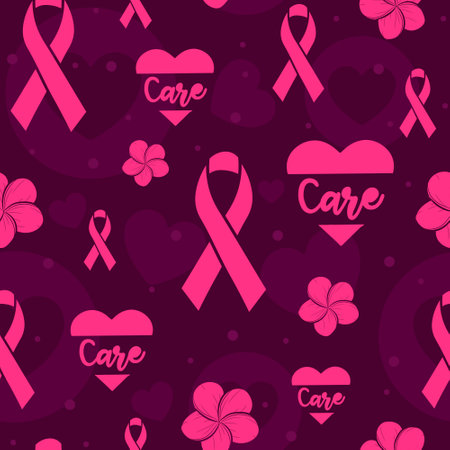 Pink seamless pattern with ribbons, hearts and flowers to raise awareness against breast cancer. International month for healthcare. Repeat texture for charity campains and women's healthのイラスト素材