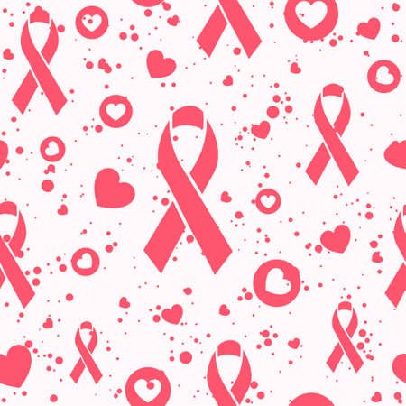 Pink seamless pattern with ribbons and hearts about breast cancer awareness and treatment. Repeat background about support, love and care with medical symbols. Healthcare texture with bowsのイラスト素材