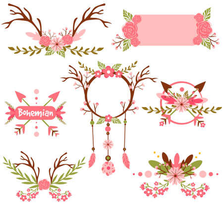 Boho and hippie elements pack with floral motifs, leaves, deer horns and arrows. Aztec and bohemian tribal tiles and borders for invitations and cards. Wild creative composition with ethnic flowers.のイラスト素材