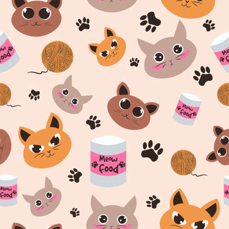 Feline seamless pattern with different cat heads and expressions. Repeat pattern with kitties, paws and canmed food. Cute kawaii texture with domestic animals.のイラスト素材