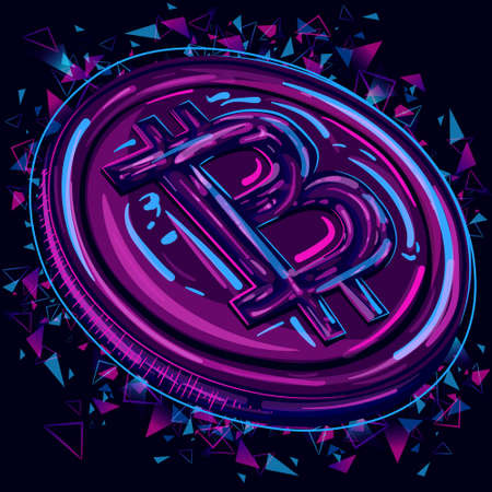 Pink and blue illustration of a digital coin and a colorful splash. Neon art of a bitcoin under UV...