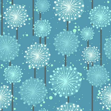 Dandelions seamless pattern with seeds and stems. Meadow and wild flowers repeat blue background. Fluffy and white floral vector with make a wish concept.のイラスト素材
