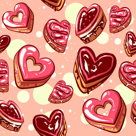 Pink and brown chocolate and strawberry frosting cookies. Seamless pattern with heart shaped cakes for Valentine's day.のイラスト素材
