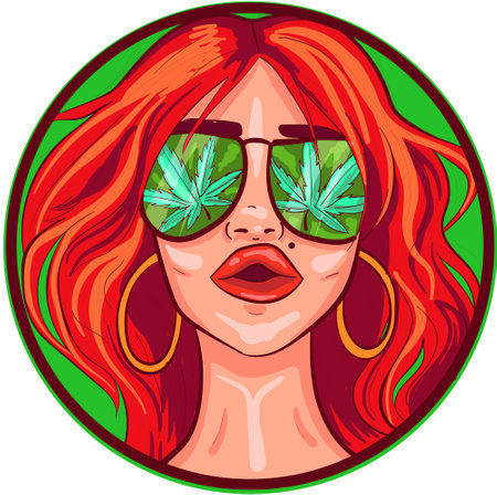 Redhead woman portrait. Stoner girl with green marijuana sunglasses and curly red hair. Vector conceptual art of an avatar face inside a circle.のイラスト素材