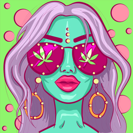 Alien ET woman with green skin and psychedelic trippy aesthetics. Character portrait of a stoner girl with marijuana-cannabis sunglassesのイラスト素材