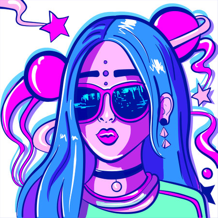 Vibrant neon digital art of a lo-fi girl with sunglasses and planets around her. Galaxy and universe background. Psychedelic woman stargazing.のイラスト素材