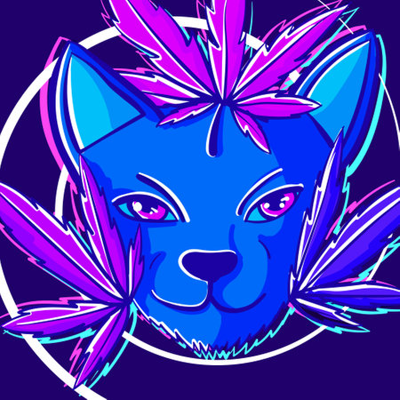 Neon digital drawing of a psychedelic cat head with marijuana leaves. Trippy doodle of a narcotic kitty with surreal colors.のイラスト素材