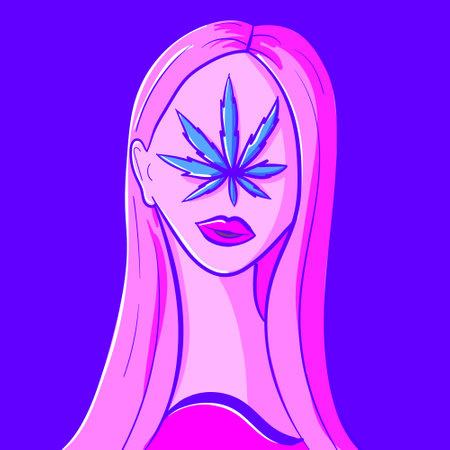 Neon psychedelic woman face with a marijuana leaf on her face. Retrowave concept of a young blonde girl with weed.のイラスト素材