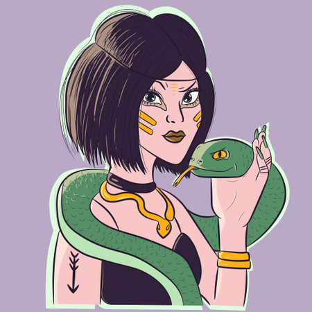 Tribal woman holding a snake around her neck and on her hands. Girl with golden accessories and her reptileのイラスト素材