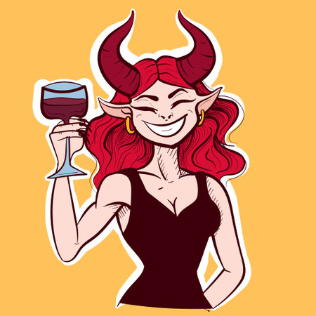 Digital art of a redhead devil woman holding a glass of wine. Vector illustration of a demonic woman in a black dress holding a cup.のイラスト素材