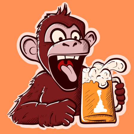 Digital art of a thirsty monkey drinking a pint of beer. Funny cartoon ape with fur celebrating...