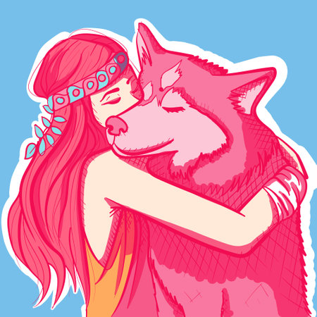 Digital conceptual art about friendship and companionship. Vector of a hippie woman with long hair hugging her siberian husky.のイラスト素材