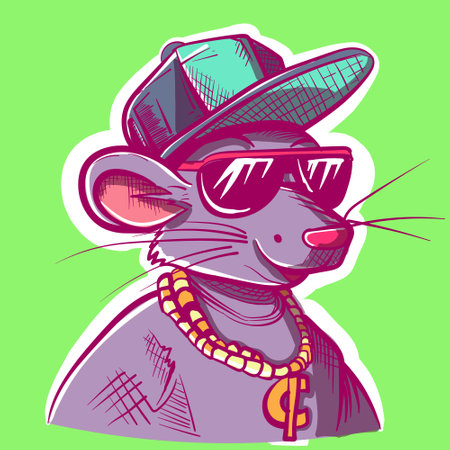 Digital art of a hip hop mouse with a rap hat, gold chain and a pair of sunglasses. Vector of a humanized mouse avatar wearing clothes and accessories.のイラスト素材