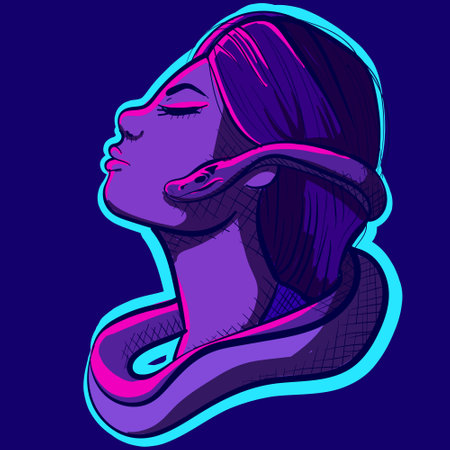 Digital art of a woman's head and a snake around her neck. Conceptual drawing of the original sin from the Bible with Eve being tempted by the devil.のイラスト素材