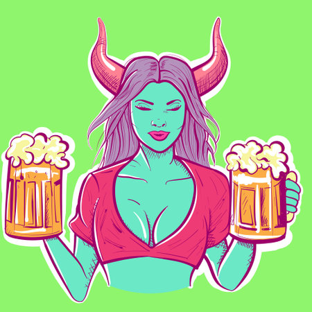 Digital art of a viking demon woman holding two pints of beer. Vector illustration of a horned girl holding two jugs of mead.のイラスト素材