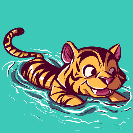 Digital art of a small tiger learning to swim in a pool. Wild animal swimming in a river, vector illustration.のイラスト素材