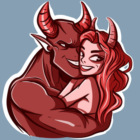 Digital art of a satanic couple hugging. Vector of a demon man and woman holding and loving each other.のイラスト素材