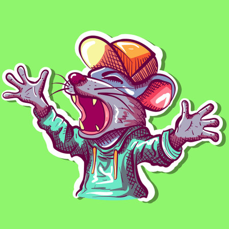 Digital art of an angry rat screaming with his hands in the air. Vector of a hip hop mouse yelling...