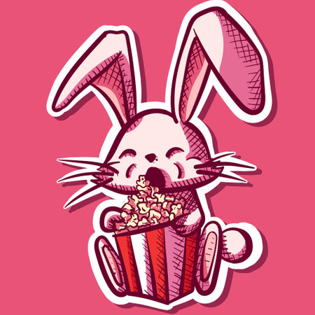 Digital art of a cute fluffy bunny eating popcorn from a bucket. Kawaii and pink rabbit holding a box of snacks.のイラスト素材