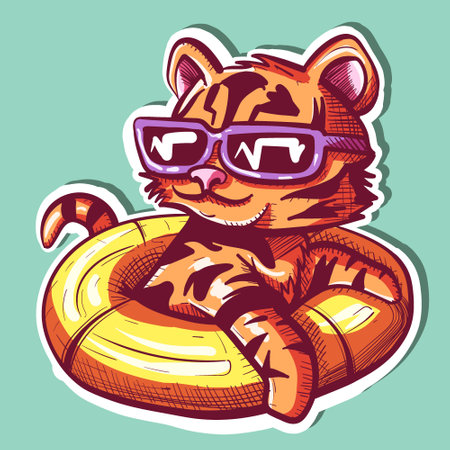 Digital art of a relaxed tiger on vacation sitting on a floatie. Vector of a wild animal swimming in a lifesaver and wearing sunglasses.のイラスト素材