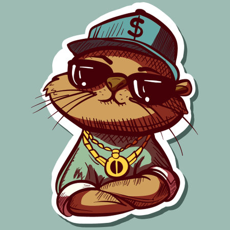 Digital art of a cool thug otter with a gold chain, clothes and a hiphop hat. Graffiti sticker of a weasel with sunglasses.のイラスト素材