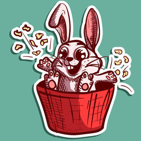 Digital art of a cute bunny in a bucket throwing popcorn in the air. Vector of a cute happy rabbit in a snacks bag watching TV.のイラスト素材