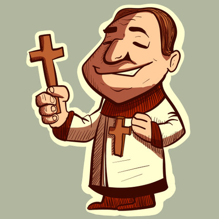 Digital illustration of a catholic priest holding a crucifix in his hand. Vector of an exorcist or pastor, cartoon character.のイラスト素材