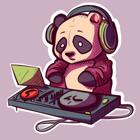 Digital art of a cool panda with sunglasses and a jacket mixing in the club. Vector of a DJ bear character.のイラスト素材