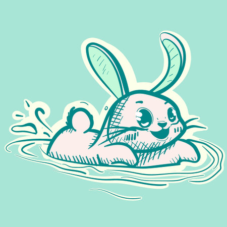 Digital art of a cute bunny swimming in a pool and splashing water. Vector of an adorable rabbit playing in the oceanのイラスト素材